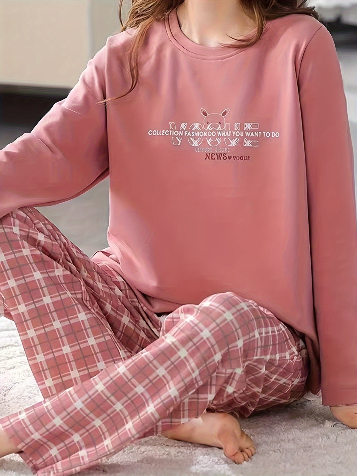 Letter Print Pajama Set Crew Neck Top & Plaid Pants Sleepwear