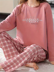 Letter Print Pajama Set Crew Neck Top & Plaid Pants Sleepwear
