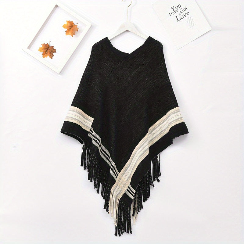 Cashmere Shawl Striped Fringe Shawl Wraps Warm Cape Women