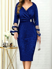 Solid V Neck Long Sleeve Dress