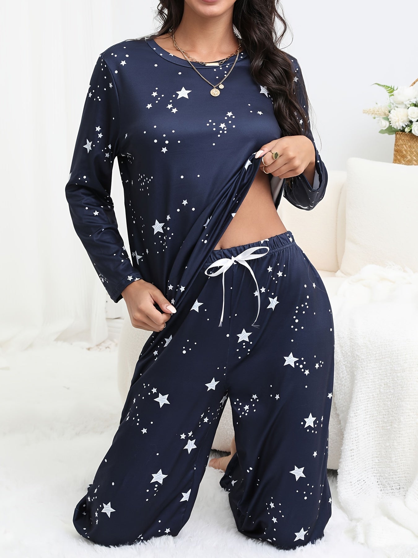 Starry Print Pajama Set Long Sleeve Crew Neck Top & Pants Sleepwear