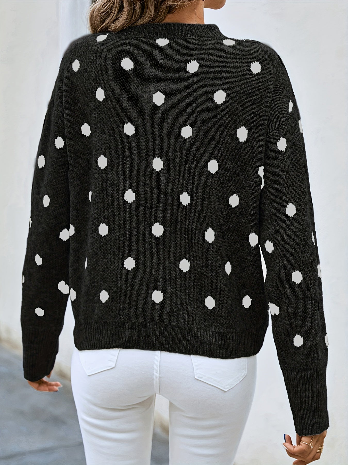 Polka Dot Crew Neck Pullover Sweater for Women