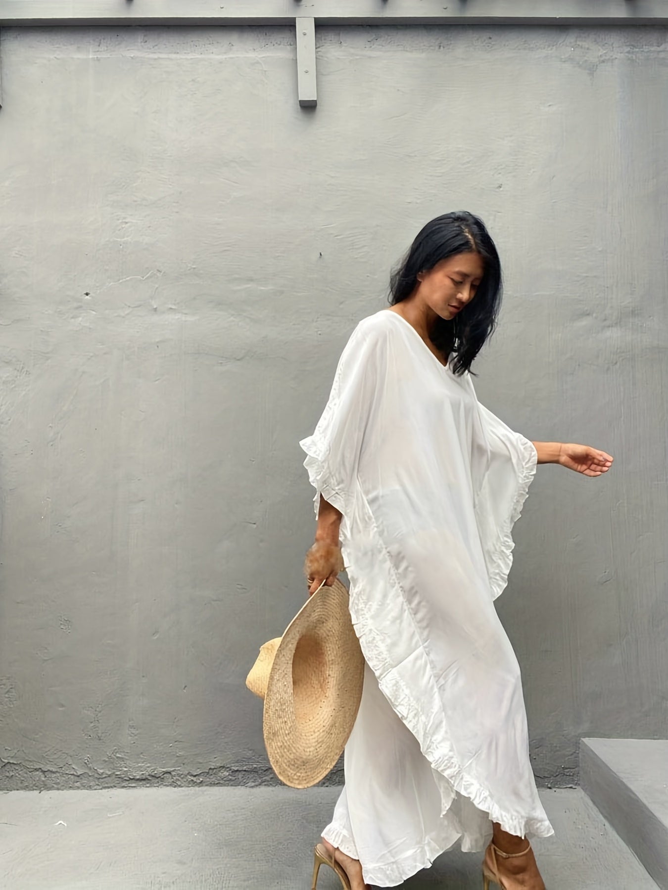 Ruffle Trim Bat Sleeve Cover Up Dress