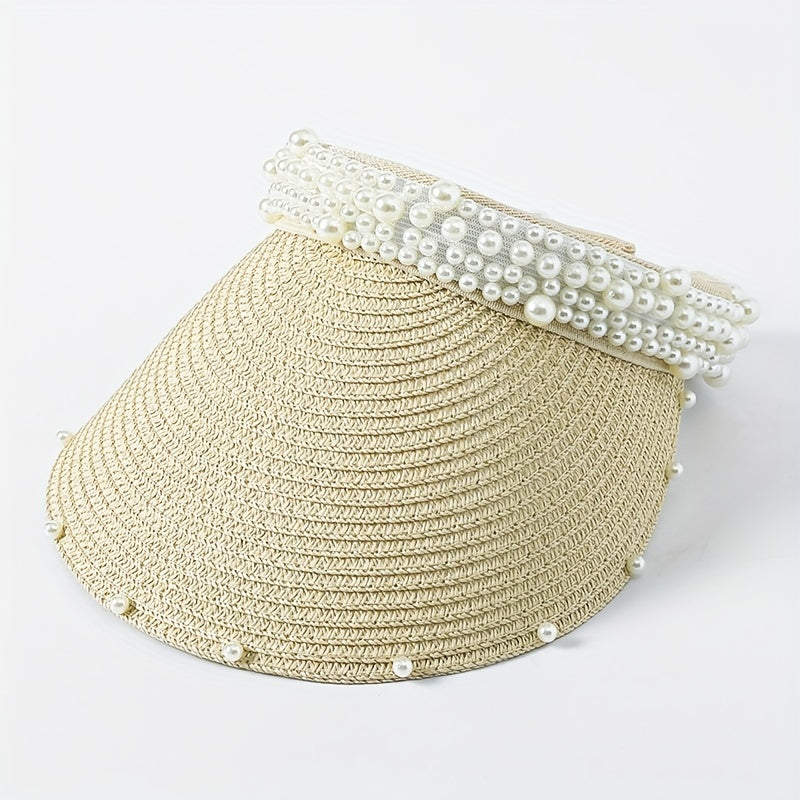 Faux Pearl Straw Visors Women Summer Sun Hats UV Protection