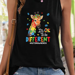 Giraffe & Letter Print Sleeveless Sports Vest Round Neck Stretchy Casual Tops