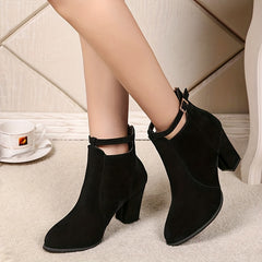 Women's Ankle Buckle Strap Boots Chunky Heel Pointed Toe Mid Heel Shoes