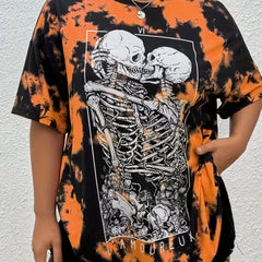 Tie Dye & Skull Print Short Sleeve Halloween Sports Top