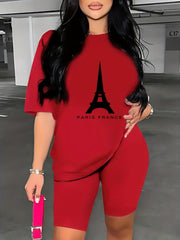 Paris Print Two piece Set Short Sleeve Crew Neck T Shirt & Shorts