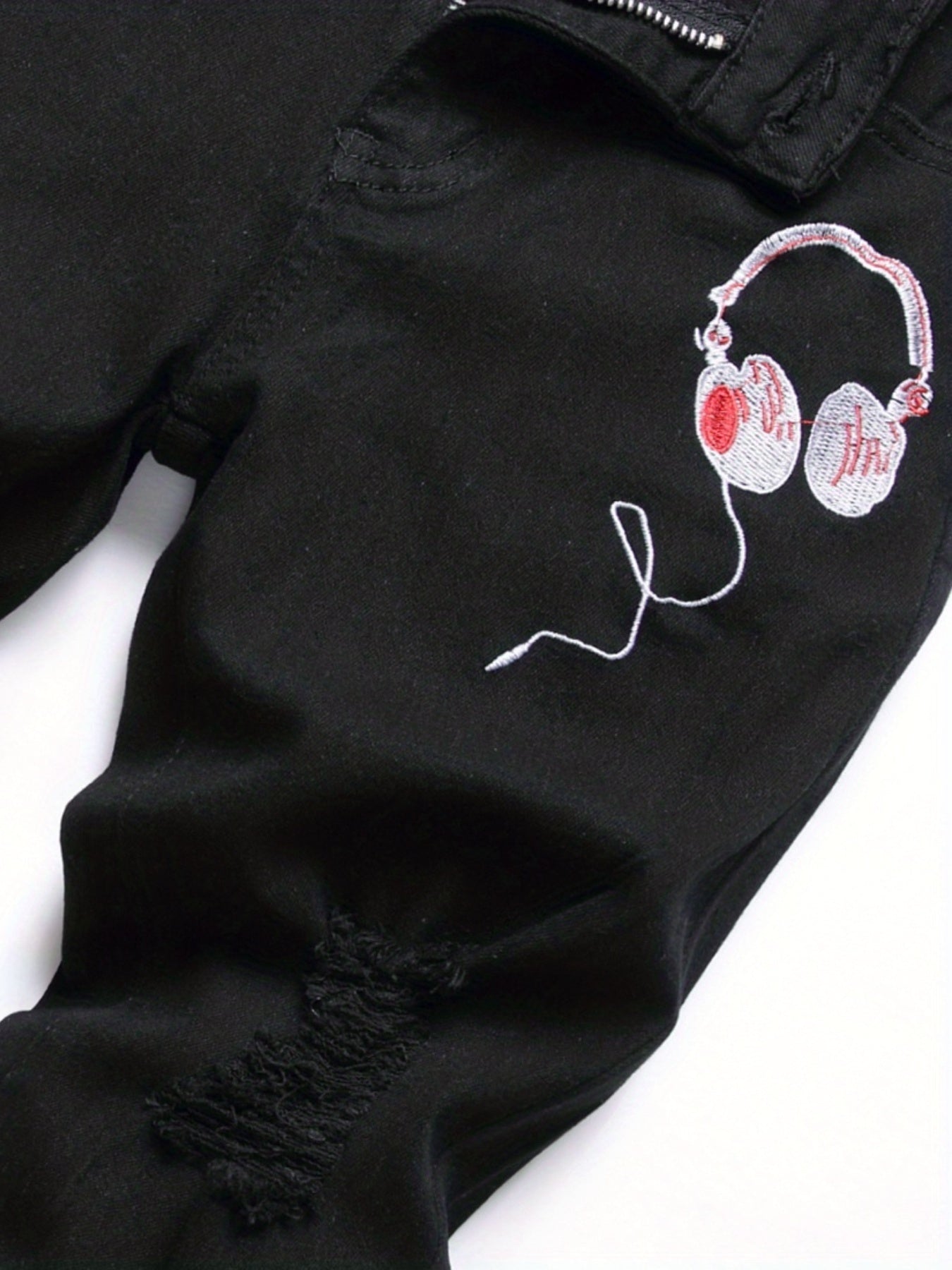 Boys Headphone Print Ripped Jeans