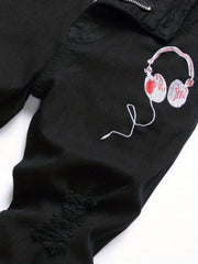 Boys Headphone Print Ripped Jeans