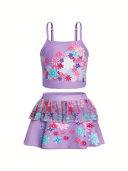 Girls 2-Piece Swimsuit Cartoon Flowers Top & Tutu Skirt Swimwear Set