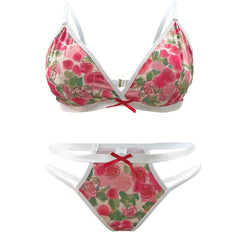 Tie Dye Rose Print Bow Bra & Panty Set