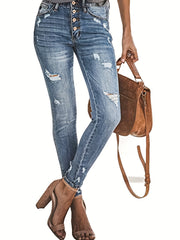 Ripped Holes Skinny Jeans Slim Fit Single Breasted Button Split Denim Pants