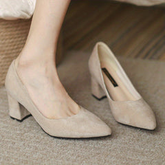 Women's Chunky Heeled Court Pumps Classic Solid Pointed Toe Mid Heels