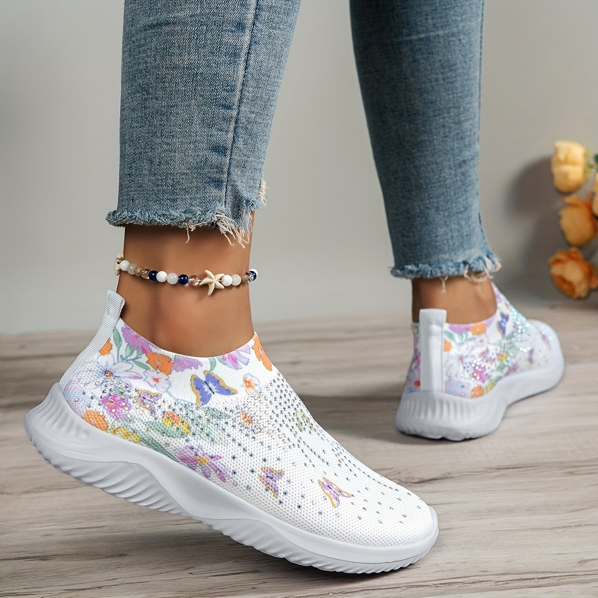 Women's Floral Butterfly Pattern Sneakers Low Top Slip On Knit Sock Shoes