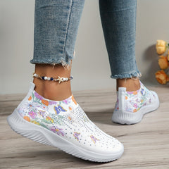Women's Floral Butterfly Pattern Sneakers Low Top Slip On Knit Sock Shoes