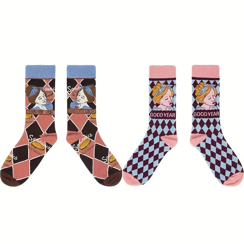 6 Pairs Cartoon Print Socks Women's Mid Tube Stockings