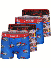 4pcs Boy's Boxer Briefs Cartoon Animal Letter Print Elastic Waist Shorts