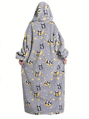 Cartoon Panda Print Hooded Robe with Pockets