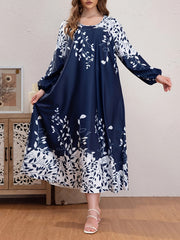 Boho Abaya Dress Women's Plus Leaf Print Lantern Sleeve Round Neck