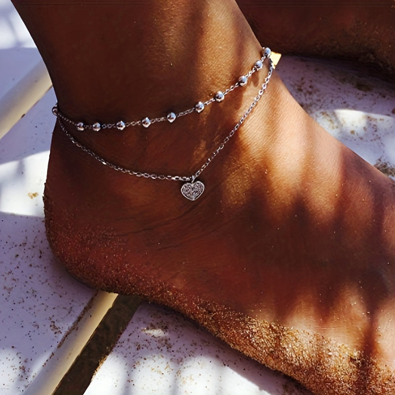 Boho Layered Love Heart Shape Beads Anklet Bracelet