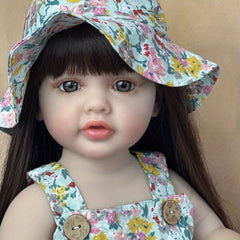 Realistic Reborn Baby Girl Doll Long Hair Floral Dress & Hat