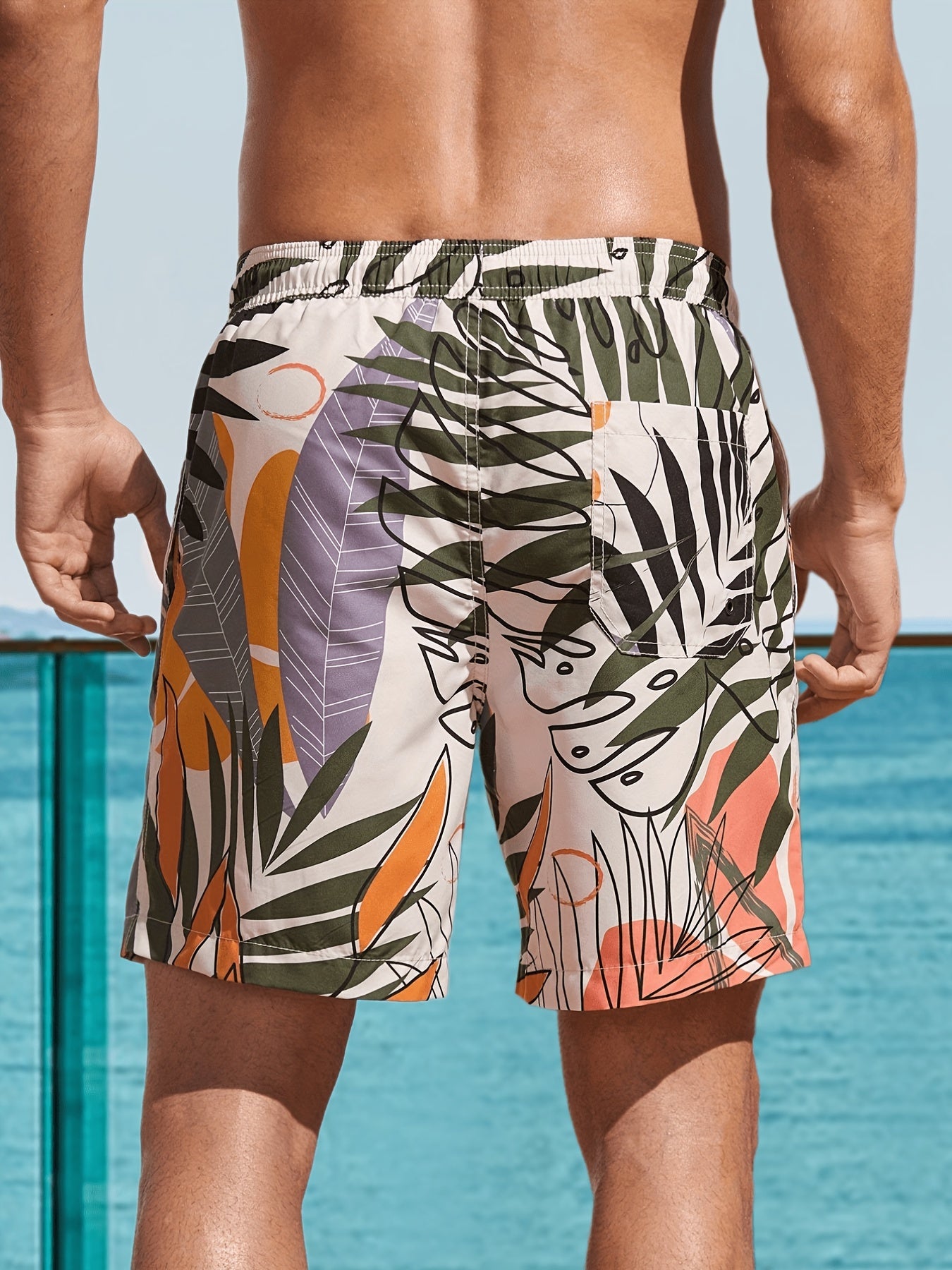 Leaf Pattern Print Men's Swim Trunks Quick Dry Beach Shorts Swimwear