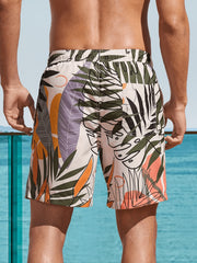 Leaf Pattern Print Men's Swim Trunks Quick Dry Beach Shorts Swimwear