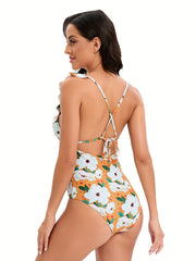 Floral Print Ruffle V Neck One Piece Swimsuit