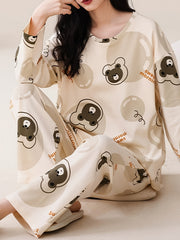 Bear Print Pajama Set Long Sleeve Crew Neck Top & Lounge Pants