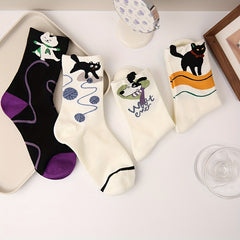 4 Pairs Cartoon Cat & Dog Print Socks Women's Stockings