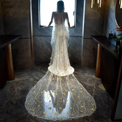 Vintage Royal Court Style Long Bridal Veil with Yellow Butterfly Embellishments