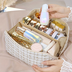 Plaid Pattern Cosmetic Bag, Large Capacity Travel Makeup Bag, Flat Lay Organizer