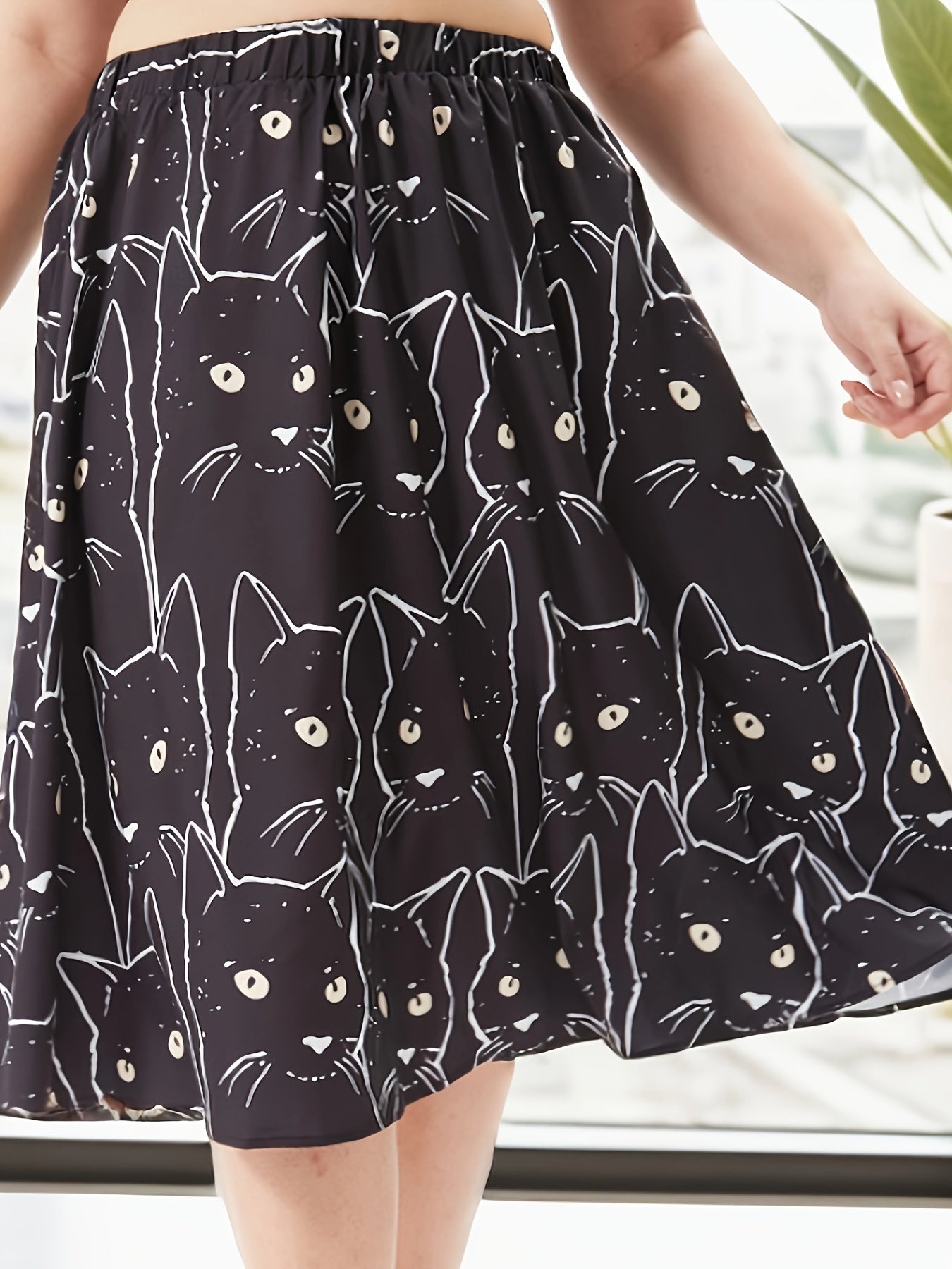 Allover Cat Print A Line Skirt, Elastic High Rise Knee Length