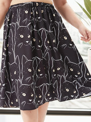 Allover Cat Print A Line Skirt, Elastic High Rise Knee Length