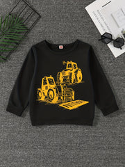Excavator Print Boys Casual Pullover Sweatshirt Long Sleeve Crew Neck Tops