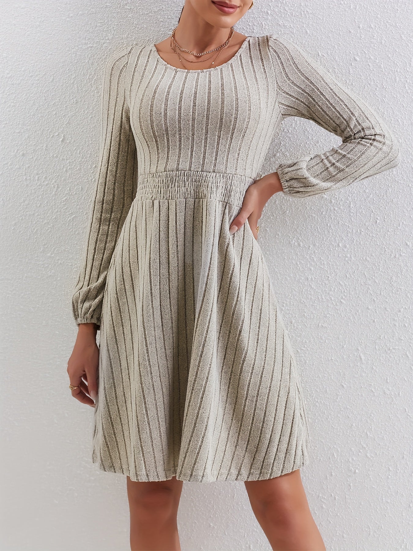 Solid Crew Neck Shirred Waist Dress Casual Every Long Sleeve Dress