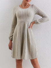 Solid Crew Neck Shirred Waist Dress Casual Every Long Sleeve Dress