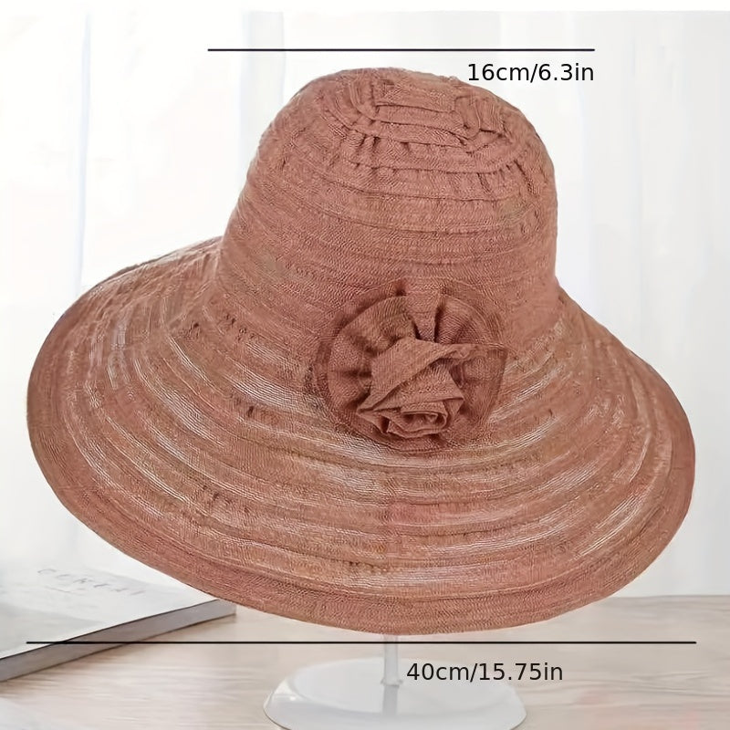Wide Brim Floppy Sun Hat Flower Decor Striped Crinkle Bucket Hat