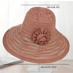 Wide Brim Floppy Sun Hat Flower Decor Striped Crinkle Bucket Hat