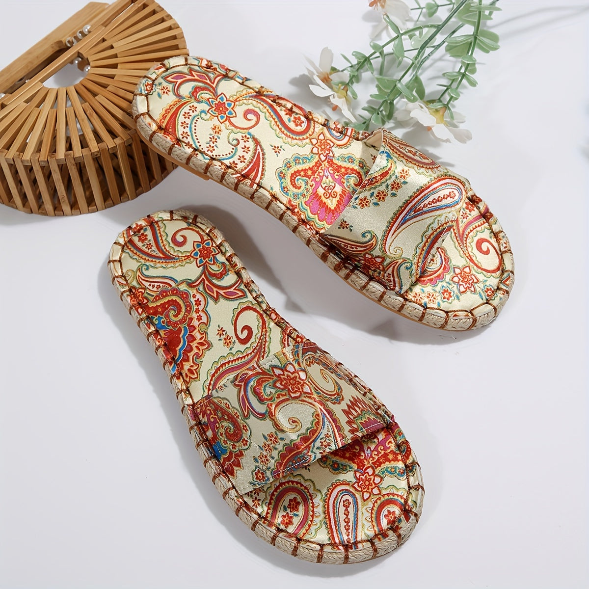 Women's Pattern Slide Sandals Open Toe Slip On Linen Flat Shoes