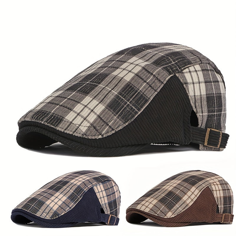 Stylish Corduroy Berets Plaid Newsboy Cap Cabbie Caps Duckbill Visor