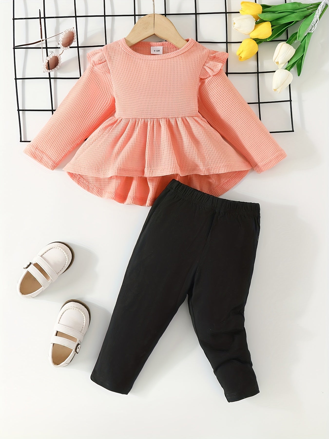 Baby Girls Cartoon Ruffled Ribbed Peplum Top & Pants Set