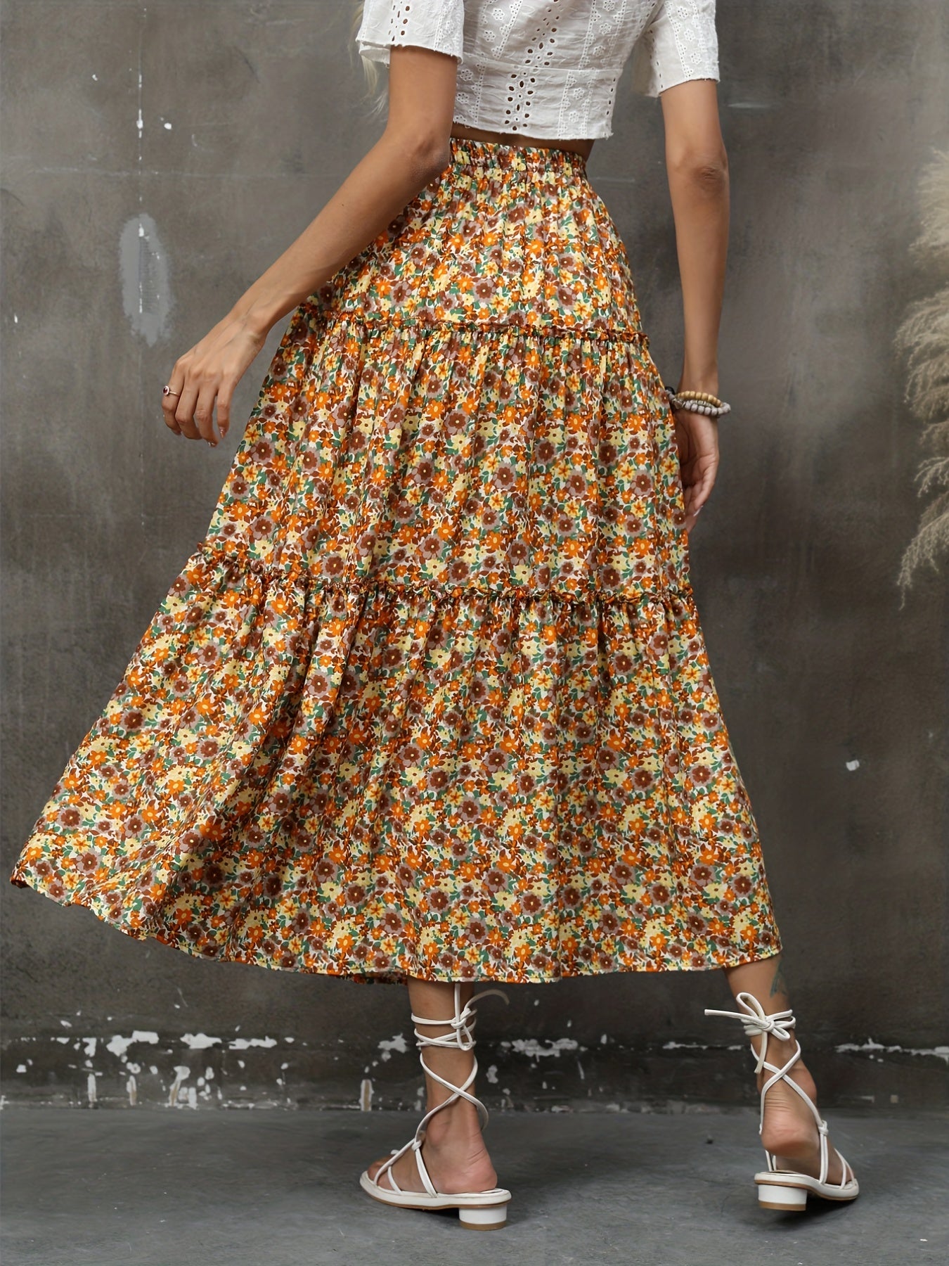 Ditsy Floral Print Skirt Casual Tiered Skirt For Summer