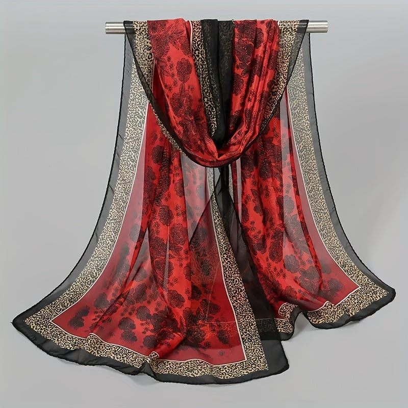 Rose Leopard Print Chiffon Scarf Vintage Block Shawl Boho Windproof Head Wrap