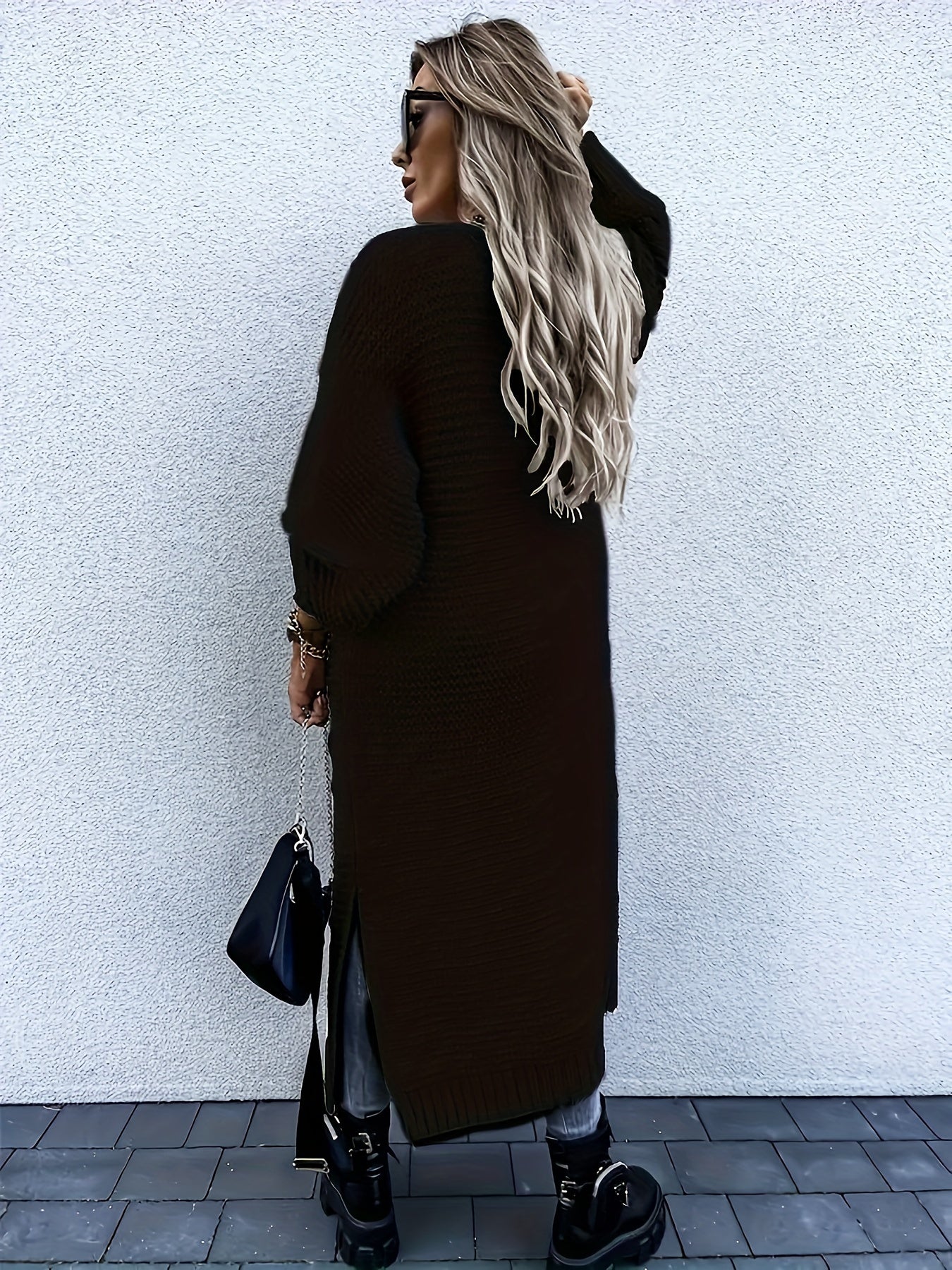 Solid Textured Lantern Sleeve Longline Cardigan