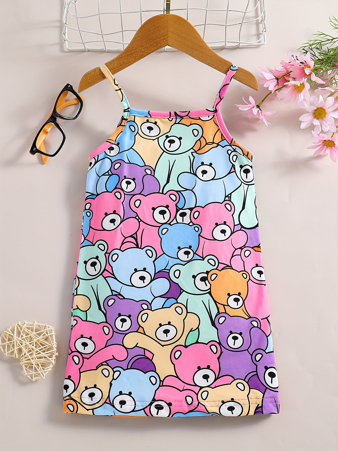 Kid Girls Bear Print Spaghetti Sun Dress Summer Clothes