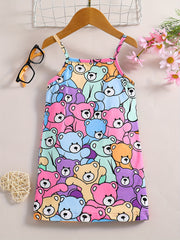 Kid Girls Bear Print Spaghetti Sun Dress Summer Clothes