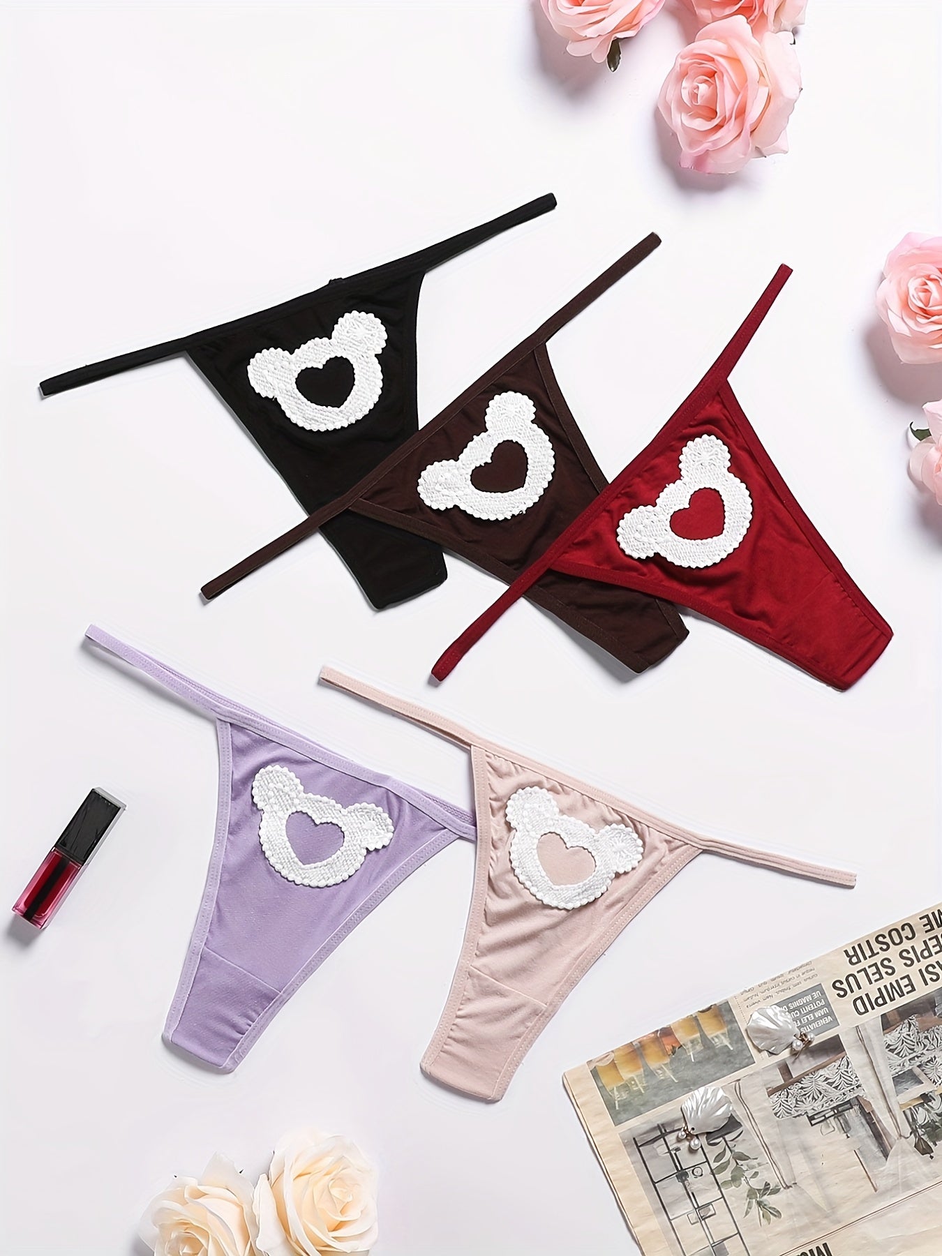 5pcs Heart Pattern Thongs Sexy Intimates Panties Women's Lingerie