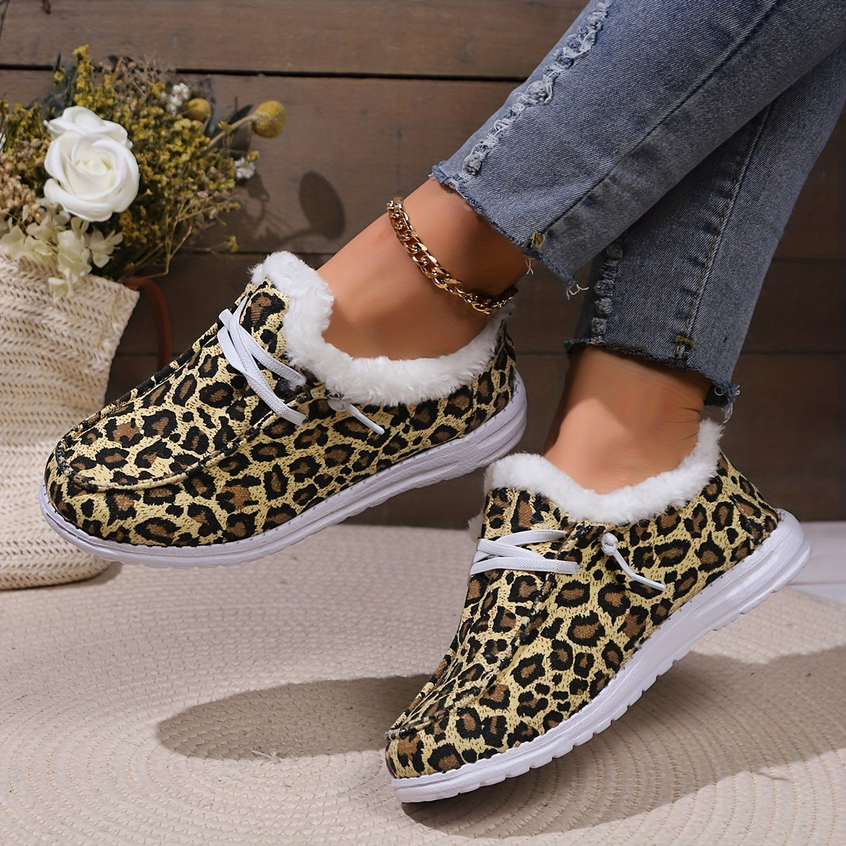 Leopard Print Fleece Snow Boots for Women